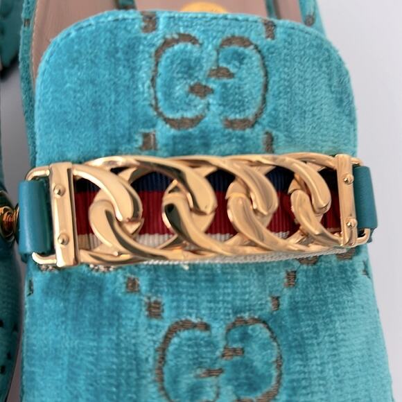 NEW! GUCCI Shoes Velvet Gg Sylvie Chain Detail Mid-Heel Square loafers 9… - Picture 14 of 16